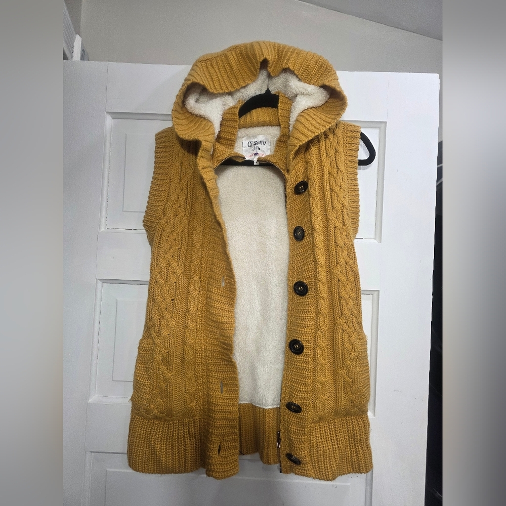 Ci Sono Mustard Hooded Cable Knit Cardigan